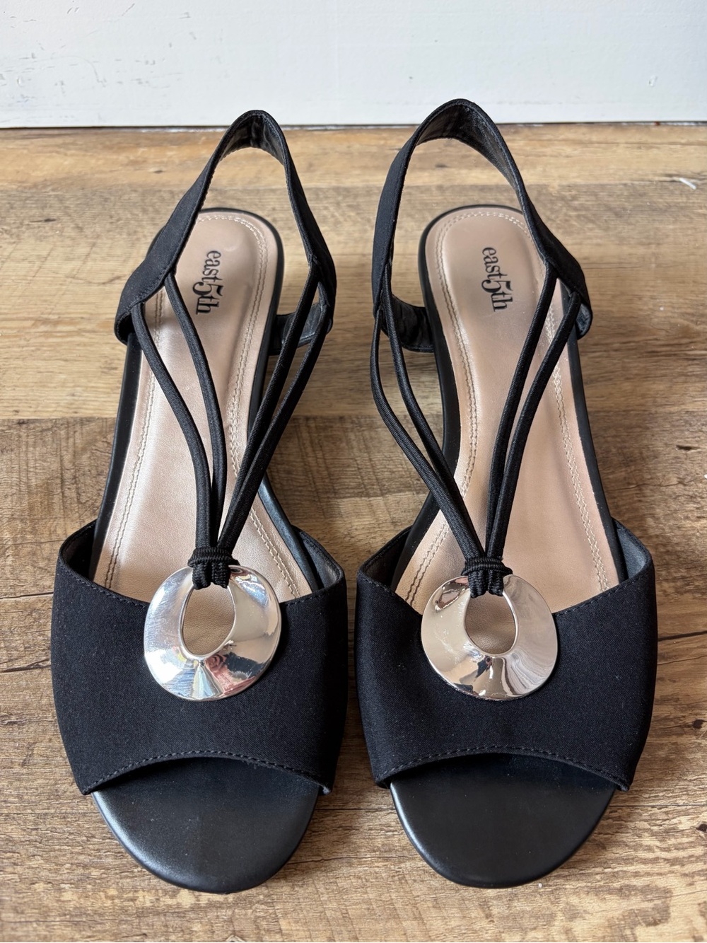 East 5th Black Strappy Ravena Slingback Heeled Sandals with Silver Ring Y2K
